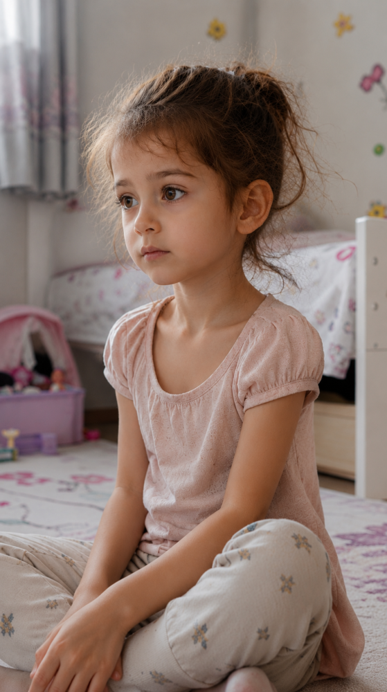 Zamyšlená dívka sedící v dětském pokoji