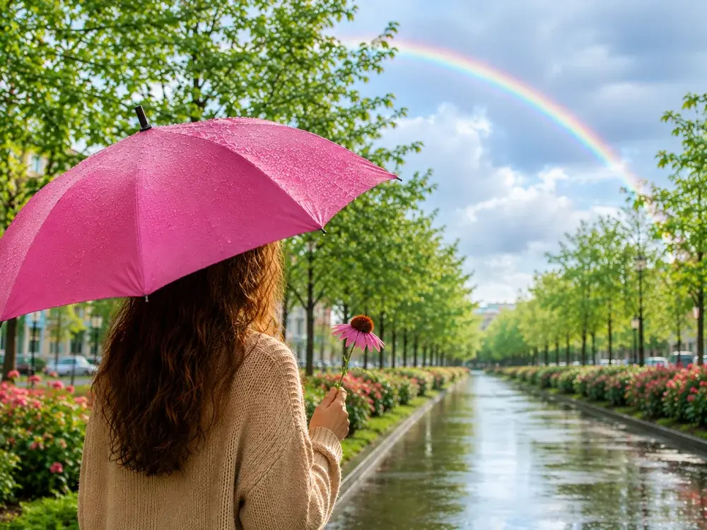 Žena s ružovým dáždnikom sleduje dúhu po daždi