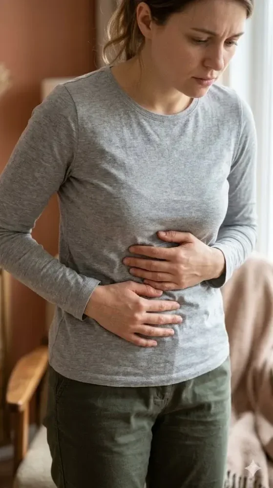 Žena si drží brucho pri ťažobe na žalúdku